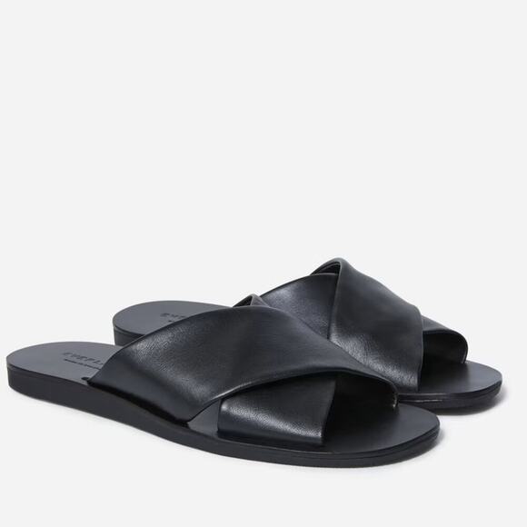 EVERLANE The Day Crossover Sandals Leather Black Flat Heel Slip On 7.5 NEW - Picture 1 of 7